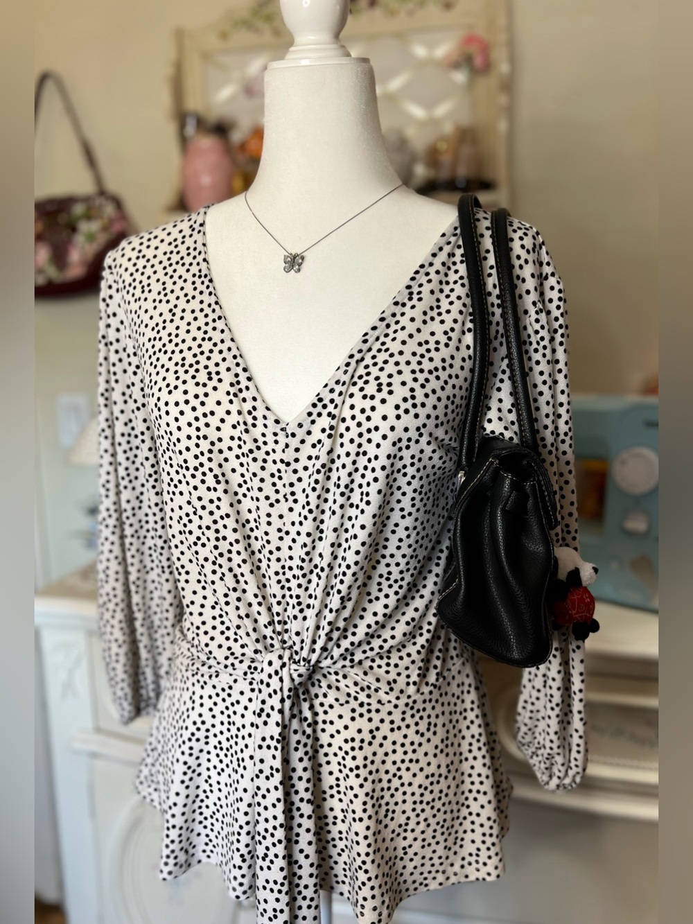 Polka Dot Tie-Front V-Neck Blouse in White and Black